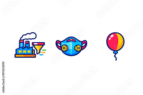 A set of three colorful flat vector icons featuring a factory with a