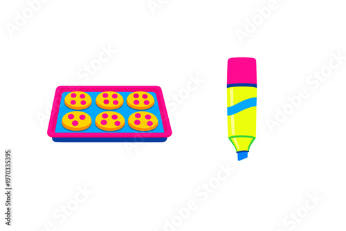 A vector illustration featuring a baking tray with six yellow cookies