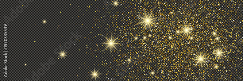 Gold glittering dust with stars on transparent backdrop