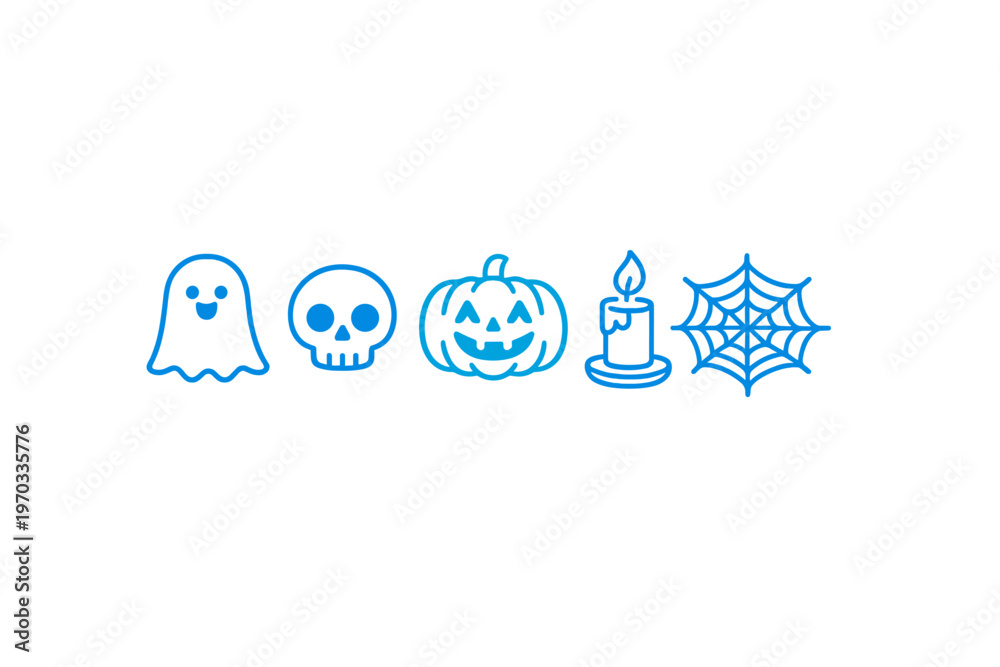 Naklejka premium A set of five blue outline icons for Halloween featuring a smiling