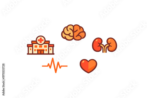 A collection of medical vector icons featuring a hospital building, a