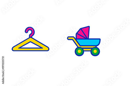 A colorful illustration featuring a yellow clothes hanger with a pink