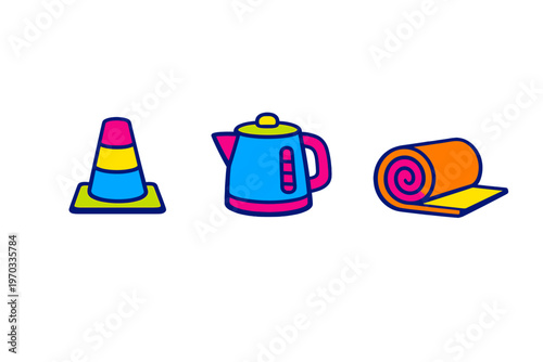 A set of three colorful flat vector icons featuring a multi-colored