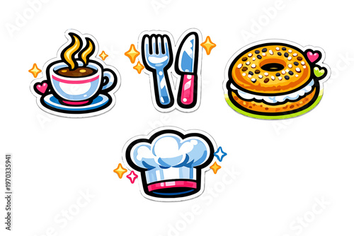 A collection of vibrant cartoon stickers featuring a steaming cup of
