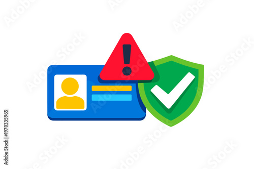 A 3D illustration featuring a blue identity card, a green shield with