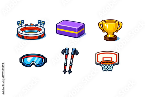 Set of six colorful sports and fitness icons featuring a stadium