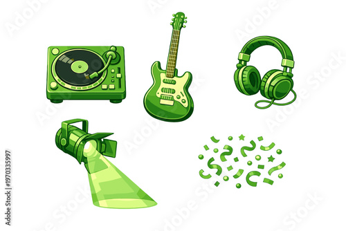 A set of five green stylized music and party icons, including a