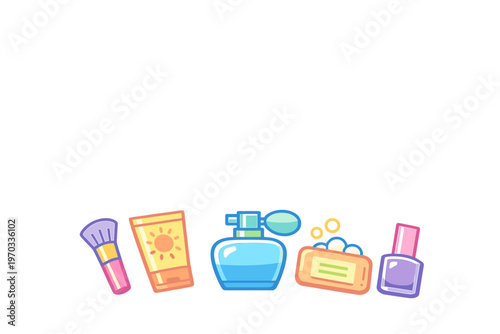 A collection of colorful beauty and skincare icons including a makeup