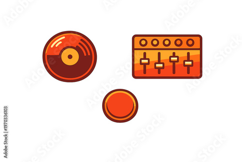 A set of three stylized DJ equipment icons including a vinyl record
