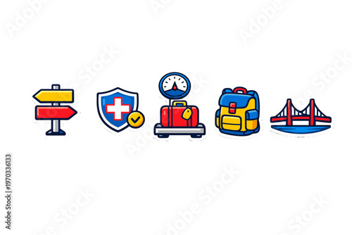 A set of five colorful travel-themed icons including a directional