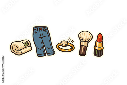 A set of cartoon-style stickers featuring fashion and beauty items