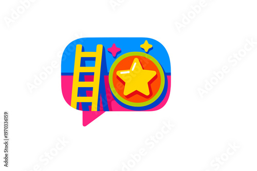 A colorful sticker-style illustration within a speech bubble shape