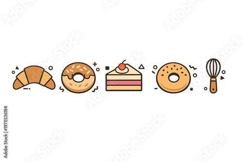 A collection of bakery-themed vector icons featuring a croissant