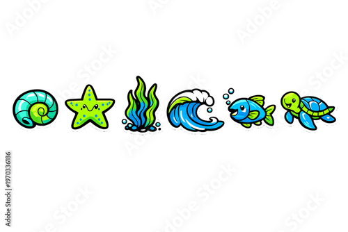 A set of six vibrant cartoon ocean stickers including a seashell