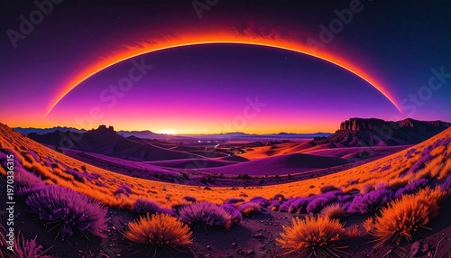 Panoramic Landscape Featuring Golden Autumn Bushes and Majestic Mountain Ranges at Dusk.