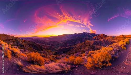 Ultra-Wide Panoramic View of a Mountain Valley with Vibrant Purple and Orange Sunset Sky.
