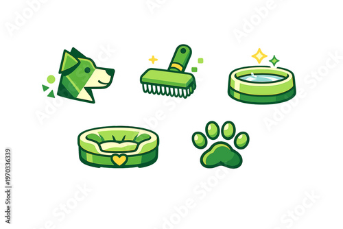 A collection of pet care icons in a green cartoon style including a