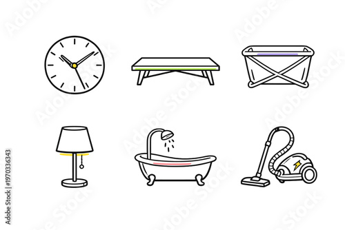 Set of six hand-drawn household icons including a clock, table