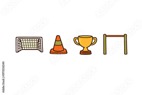 A set of four stylized sports equipment icons including a soccer