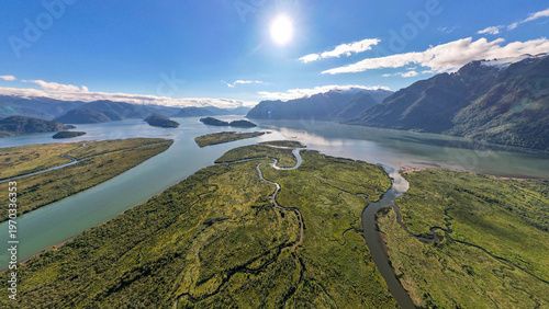 Bild auf Leinwand Drone shot of a river and channels and lake