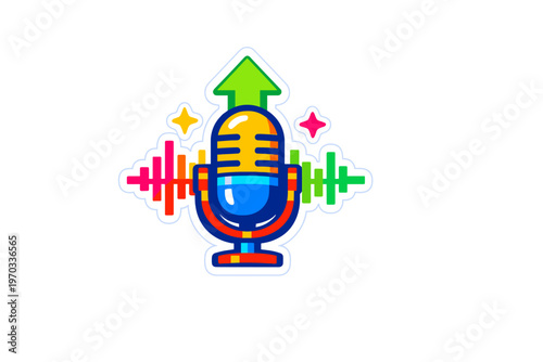 A colorful stylized microphone illustration featuring a green upward