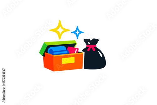 A colorful illustration of an open orange box filled with folded blue