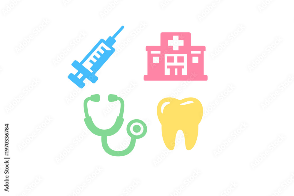 Fototapeta premium A collection of four flat medical icons featuring a blue syringe, a