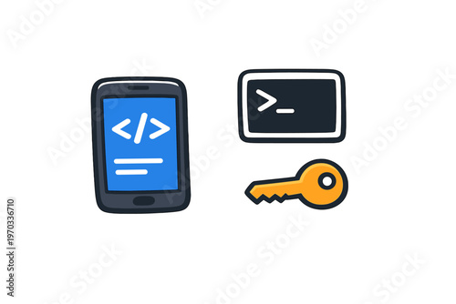 An illustration of a smartphone with a coding tag on the screen, a