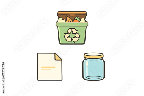 A flat vector illustration featuring a green compost bin filled with