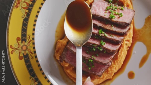 Wallpaper Mural Seared NY strip steak slices on sweet potato pur�e, drizzled with sauce and garnished with herbs. Torontodigital.ca