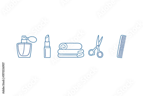 A set of blue line art icons representing beauty and grooming