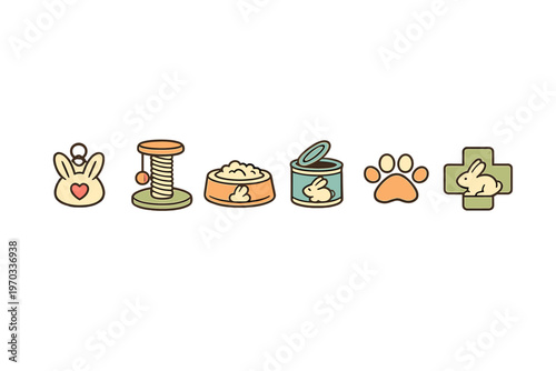 Collection of pet rabbit care icons featuring a food bowl, canned