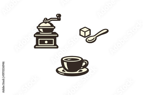 A minimalist vector illustration featuring a vintage coffee grinder