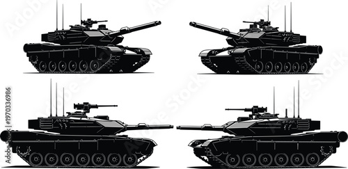 Military Tank Icons Set with Multiple Angles and Armored Vehicle Design for Combat, Defense, and Warfare Themes