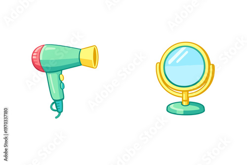 Vector illustration featuring a colorful cartoon hair dryer and a