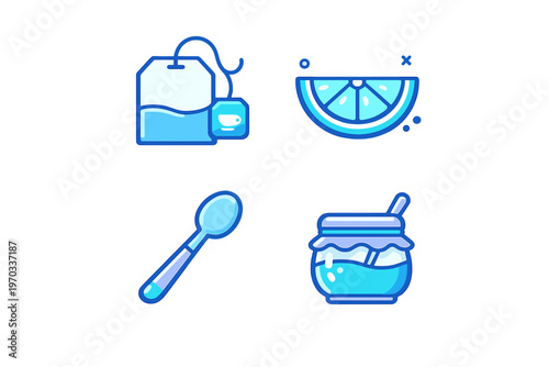 A set of four blue vector icons related to tea time, including a tea