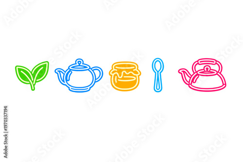 A collection of colorful neon-style icons representing tea time