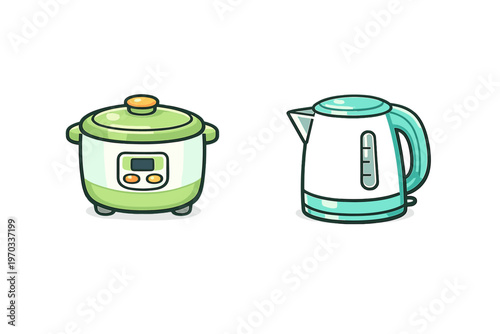 A vector illustration featuring a green electric rice cooker and a