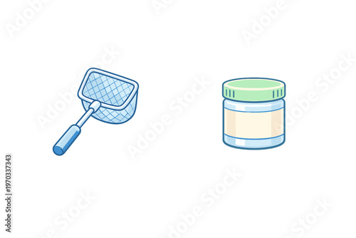 A vector illustration featuring a blue mesh hand net and a glass