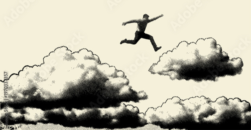 Man Jumping Between Clouds in Retro Halftone Style Illustration