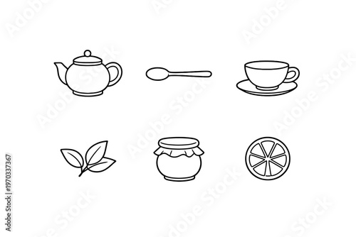 A collection of black and white tea-themed outline icons, including a