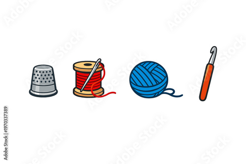 A collection of sewing and knitting tools including a silver thimble