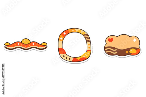 A set of three decorative graphic stickers in a warm color palette of