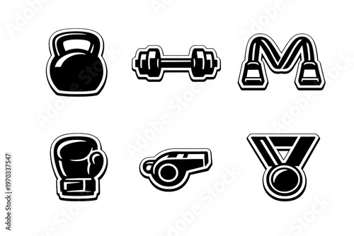 Set of six black and white sports icons including a kettlebell