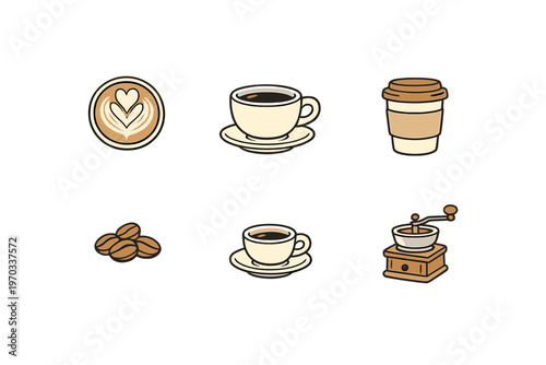 This illustration set features six coffee icons including a cup with