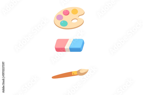 A collection of school and art supplies featuring a wooden paint