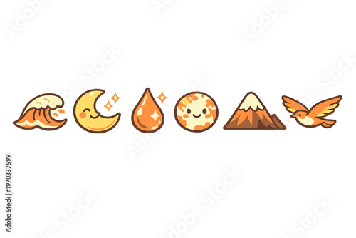 A collection of six cute nature-themed icons including a wave