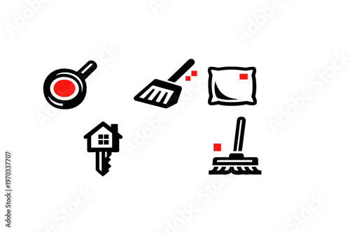 A collection of five minimalist household icons including a frying