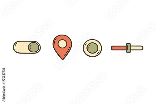 A set of four minimalist user interface icons including a toggle