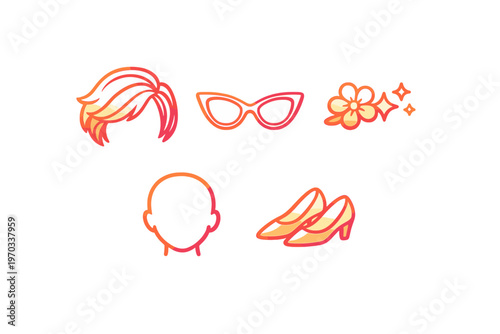 A set of fashion and beauty icons featuring a short haircut, cat-eye